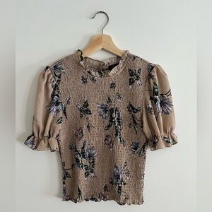 Floral Smocked Blouse - Tan